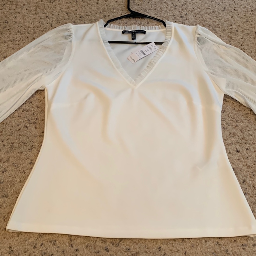 White House Black Market Mesh Sleeve V Neck Top